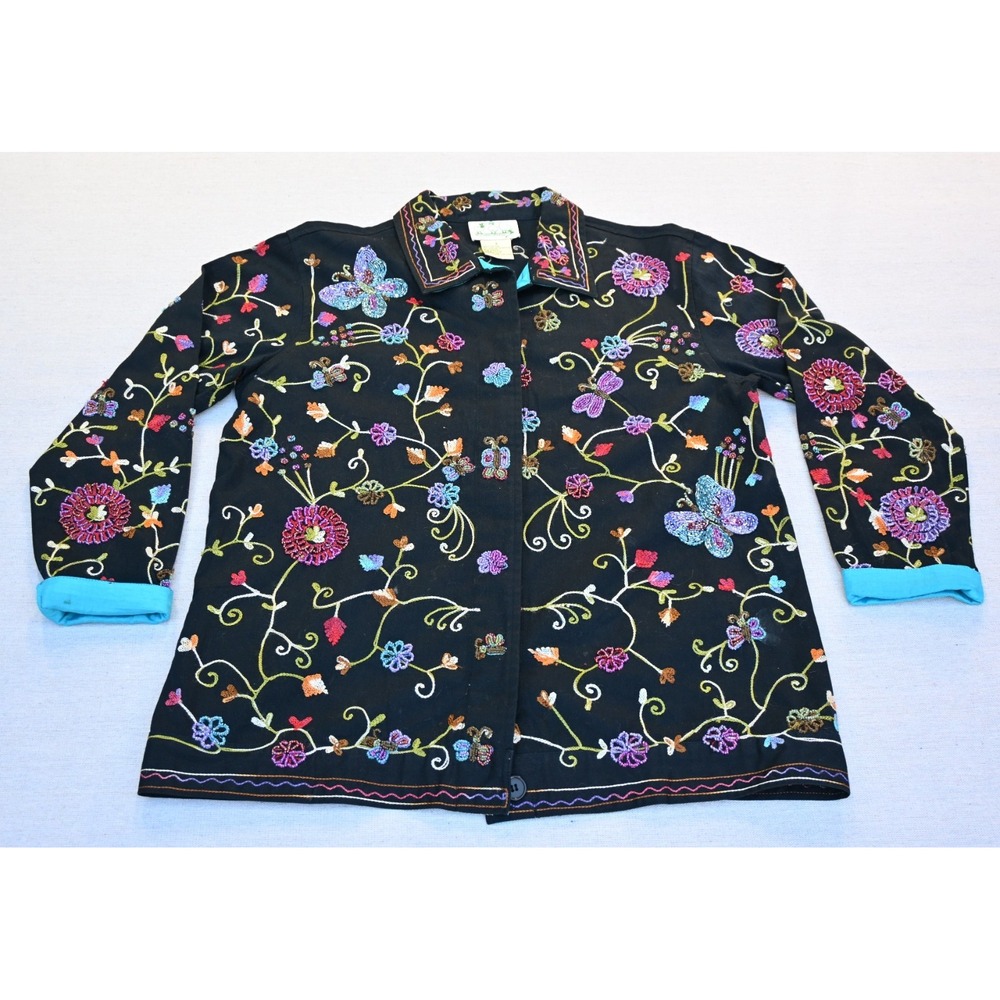 The Quacker Factory Womens S 100% Cotton Embroidered Beaded Jacket Black Floral